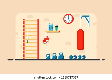 Flat style illustration of sport room interior. Kettlebells, dumbbells, punhing bag and other sport equipment. Bodybuilding, fitness, sport, healthy lifestyle concept.