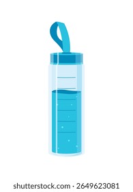 Flat style illustration of a sports water bottle with measurement marks and a blue strap. Perfect for fitness, gym, hydration, and active lifestyle designs.

