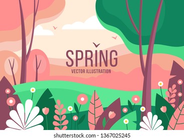 Flat style illustration - spring landscape with trees, flowers and herbs.