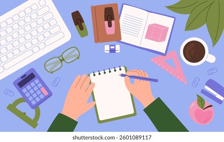 Flat style illustration of a student workspace featuring notebooks, a calculator, a keyboard, a coffee cup, stationery, and hands writing in a notepad.