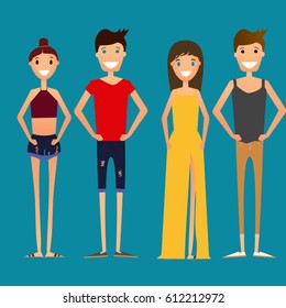Flat style illustration of stylish friends. Set of young people. Vector. 