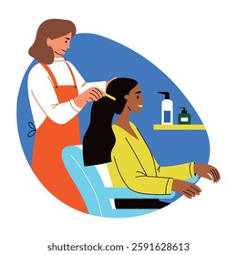 A flat style illustration of stylist putting hair extensions to her client