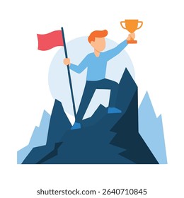 Flat Style Illustration of Successful Man Reaching Summit with a Trophy Icon