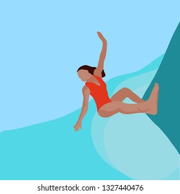 Flat style illustration. Summer beach surfing illustration. Longboard women surfing