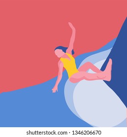 Flat style illustration. Summer beach surfing illustration. Longboard women surfing