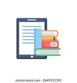 Flat style illustration of a tablet with books indicating e-learning. The style is simple and modern.