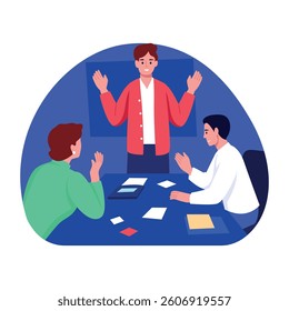 A flat style illustration of team discussion