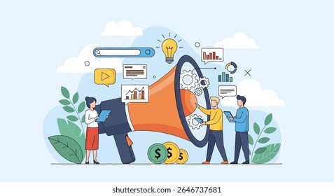 flat style illustration: A team engages in digital marketing, using a megaphone, analyzing charts, generating ideas, and managing finances