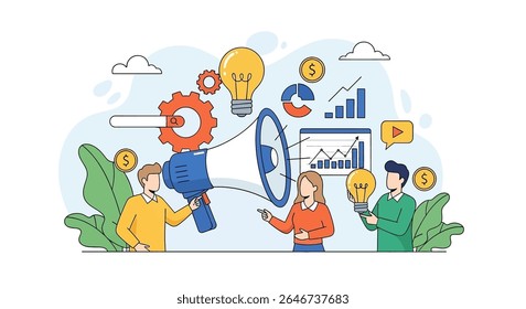flat style illustration: A team engages in digital marketing, using a megaphone, analyzing charts, generating ideas, and managing finances