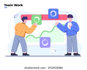 Ilustración de estilo plano del trabajo en equipo y Trabajando con analista de visualización de datos, la gente trabaja en equipo e interactúa con gráficos, predicción de análisis de mercado, predicción de finanzas, previsión de tendencias.