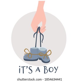 Flat style illustration. There are cute baby booties in a hand.
You can use this illustration for arrival greeting cards.