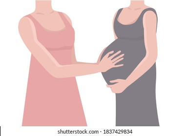 Flat style illustration. There is a pregnant woman with her friend on the picture. Ones gently touches the other's pregnant belly.