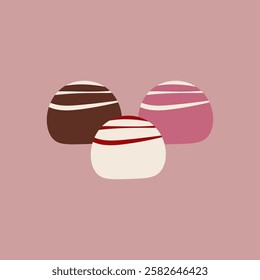 Flat style illustration of three chocolate truffles with decorative icing. Ideal for confectionery, dessert-themed projects, bakery branding, food packaging, and sweet treat decorations.