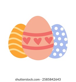 Flat style illustration of three decorated Easter eggs with heart, wave, and polka dot patterns, perfect for holiday designs, greeting cards, and festive decorations.