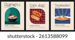 Flat style illustration of three Korean dishes—ramen, corn dog, and tteokbokki—each showcased in a minimal poster design, perfect for culinary branding, food-themed prints, or Asian cuisine promotion.