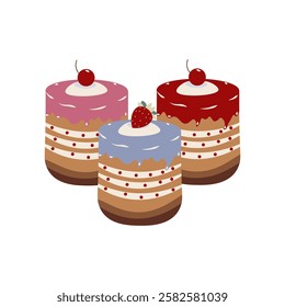 Flat style illustration of three layered cakes with colorful icing, cherries, and strawberries. Ideal for bakery, dessert-themed projects, food packaging, and sweet treat decorations.