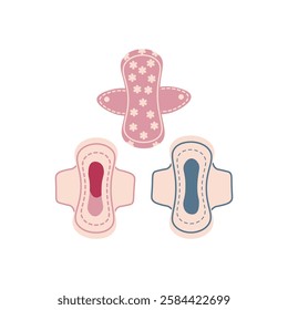 Flat style illustration of three sanitary pads in different designs, ideal for topics related to feminine hygiene, menstrual care, and women's health.