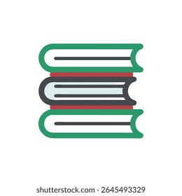 A flat style illustration of three stacked books isolated on a White Background. Green red white colors.