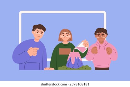 Flat style illustration of three students performing a volcano science experiment. One pours liquid into the model while others observe and react.