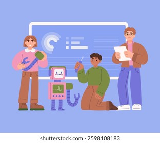 Flat style illustration of three students working on a robot project. One holds a wrench, another uses a screwdriver, while the third reviews notes.