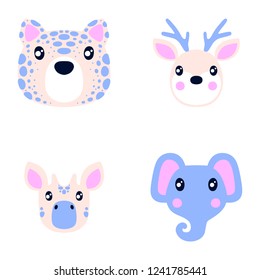 Flat style illustration with tiger, deer, and other animals. Cartoon vector set