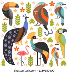 Flat style illustration with Toucan, Peacock, Bird of Paradise, Flamingo and other types of birds. Vector set of Tropical birds with flowers and leaves.