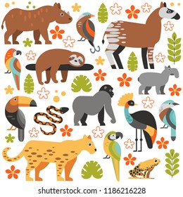 Flat style illustration with Toucan, Sloth, Okapi, Jaguar and other types of tropical animals. Vector set of Tropical animals with flowers and leaves.