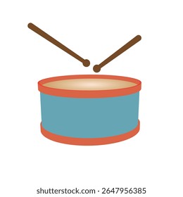 Ilustração de estilo plano de tambor de brinquedo com baquetas, instrumento de percussão de desenho animado simples para design infantil