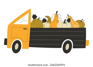 Flat Style Illustration of Truck with Open Bed Full of Autumn Pumpkins Harvest Fall Seasonal Design Vector