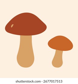 Flat style illustration of two autumn mushrooms with brown and orange caps on beige background. Minimal seasonal design element perfect for autumn decor, stickers, patterns, 