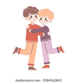 Flat style illustration of two boys hugging, symbolizing friendship, connection, and warmth. Perfect for themes of love, support, and relationships.