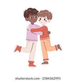 Flat style illustration of two boys hugging, expressing friendship, warmth, and joy. Perfect for themes of love, support, and companionship.