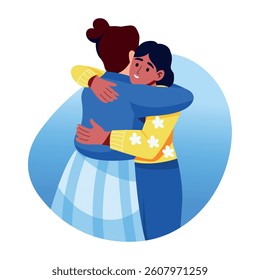 A flat style illustration of two characters hug with each other