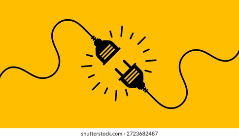Flat style illustration of two electric power plugs connecting with energy lines on yellow background. Represents electricity supply, power activation, energy connection, and modern electrical technology concept.