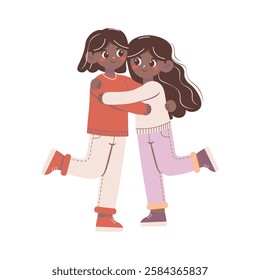 Flat style illustration of two girls hugging with happy expressions, symbolizing friendship, warmth, and joy. Ideal for themes of connection, love, and togetherness.