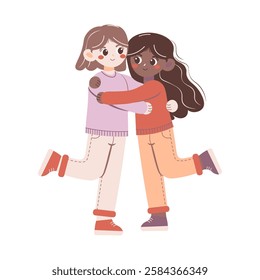 Flat style illustration of two girls hugging with joyful expressions, representing friendship, warmth, and happiness. Ideal for themes of connection, love, and togetherness.