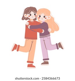 Flat style illustration of two girls hugging with happy expressions, symbolizing friendship, love, and warmth. Perfect for themes of connection, affection, and positivity.