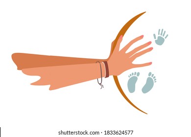 Flat style illustration. Two hands touching belly of pregnant woman. There are legs and hand of the baby in the mother stomach.