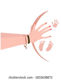 Flaches Beispiel. Zwei Hände, die den Bauch einer schwangeren Frau berühren. Es sind Beine und Hand des Babys im Magen.