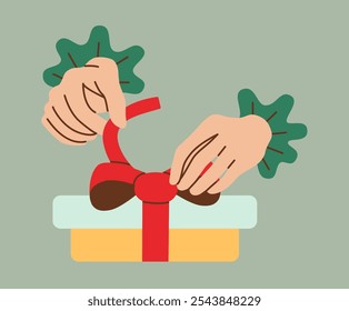 Flat style illustration of two hands untying a red ribbon on a colorful gift box with decorative cuffs on a green background. Perfect for holiday, festive, and celebration-themed designs.