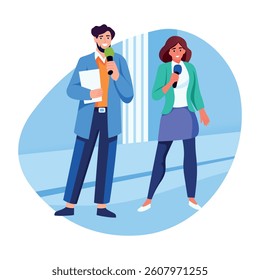 Flat style illustration of two news reporters holding mics