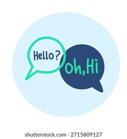 Ilustración de estilo plano de dos burbujas de discurso superpuestas con texto de saludo amigable en colores azul y verde sobre un fondo circular azul claro que representa la comunicación casual