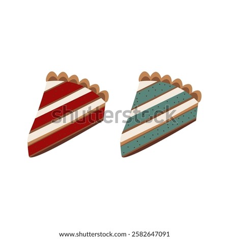 Flat style illustration of two pie slices with layered filling, decorative crust, and festive colors, perfect for bakery branding, dessert-themed designs, food packaging, and holiday projects.