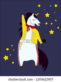 Flat style illustration of unicorn. Funny cartoon illustration of Rock star unicorn. 