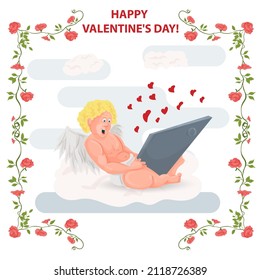 A flat style illustration for the Valentines Day holiday, in a frame of flowers, a cupid with wings sits on a cloud and reads a message in a laptop