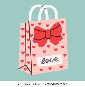 Flat style illustration of a Valentine's Day gift bag decorated with red hearts, a big red bow, and love lettering. Ideal for romantic, holiday, and gift-related themes.