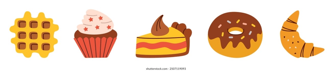 Flat style illustration of various baked goods including a waffle, cupcake, cake slice, donut, and croissant. Ideal for food projects, baking designs, and children's graphics.