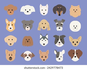 Flat style illustration of various dog faces. 