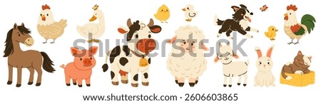 Flat style illustration of various farm animals including cow, pig, horse, sheep, goat, dog, cat, duck, chicken, rooster, chick, and rabbit, perfect for children’s books, games, and farm-themed design