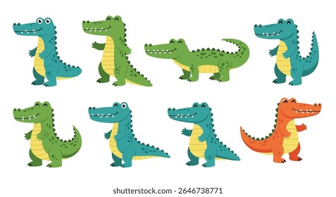 flat style illustration of various green crocodiles and alligators in different poses, showcasing their smiles and sharp teeth, suitable for children's designs